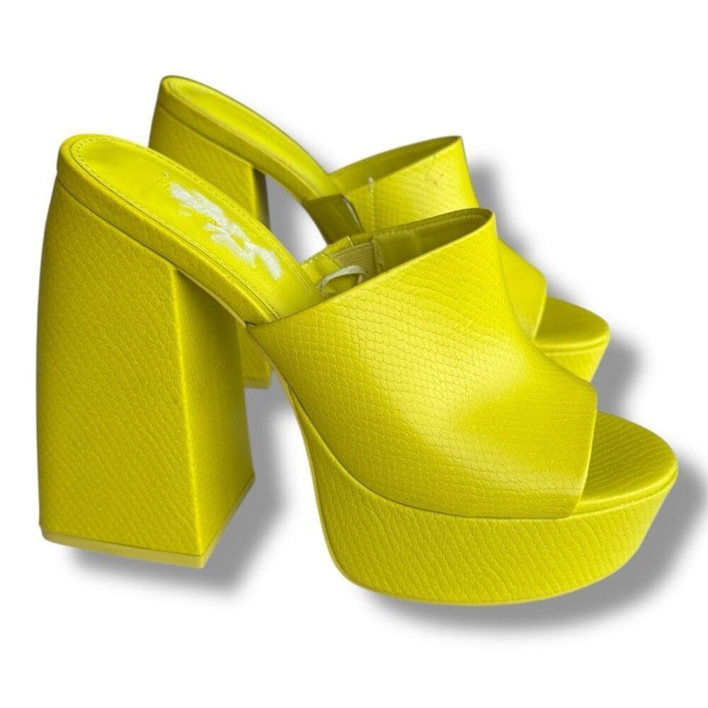 Forever 21 Neon Yellow Faux Snakeskin Platform Block Heel Mule Women’s 7